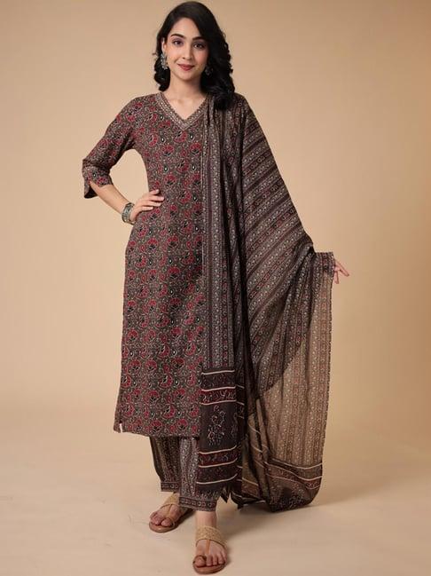 zari jaipur black cotton printed kurta salwar set with dupatta