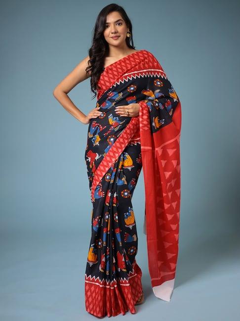 zari jaipur blue & red cotton printed saree with unstitched blouse