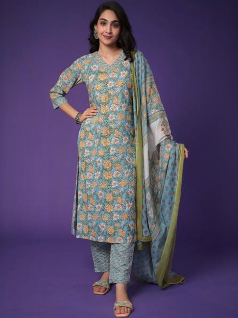 zari jaipur blue cotton printed kurta pant set with dupatta