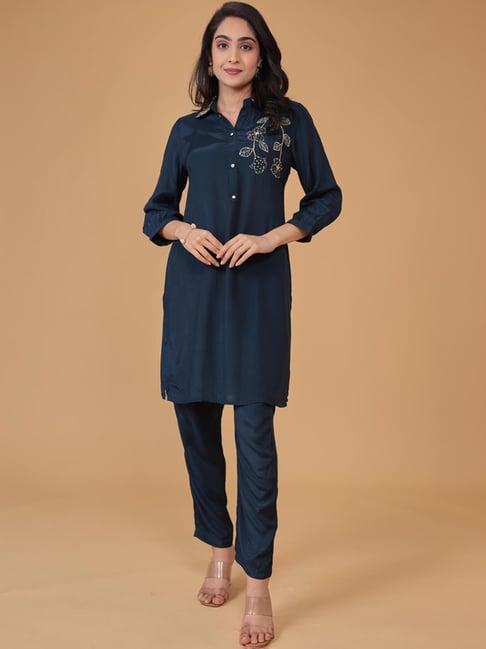 zari jaipur blue embellished kurti pant set