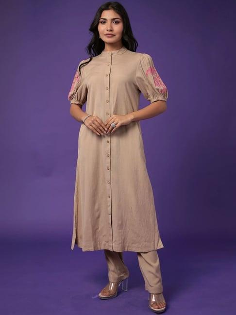 zari jaipur brown cotton embroidered kurta pant set