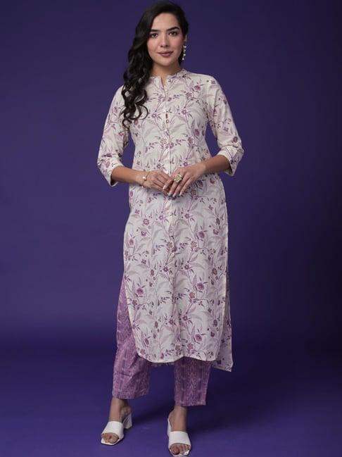 zari jaipur cream & purple cotton printed kurta pant set