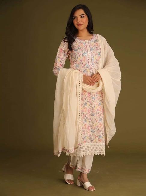 zari jaipur cream cotton embroidered straight kurta with dupatta