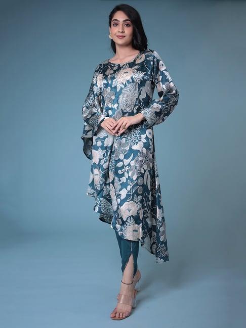 zari jaipur dark blue printed kurta pant set