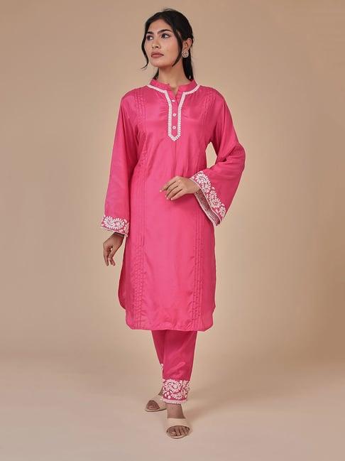 zari jaipur dark pink embroidered kurta pant set