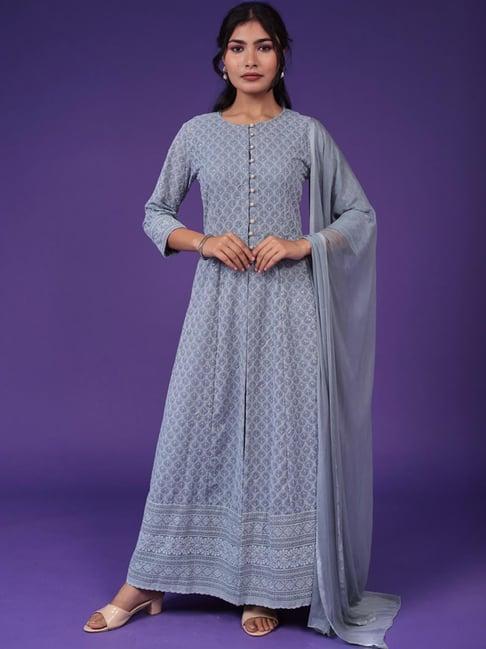 zari jaipur grey embroidered kurta pant set with dupatta