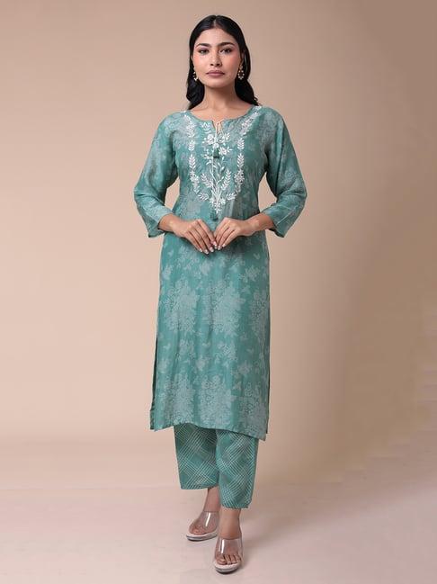 zari jaipur light green embroidered kurti pant set