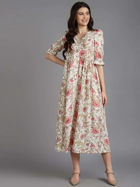 zari jaipur off-white cotton printed a-line dress