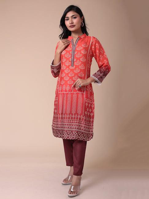 zari jaipur orange & maroon bandhani print kurta pant set