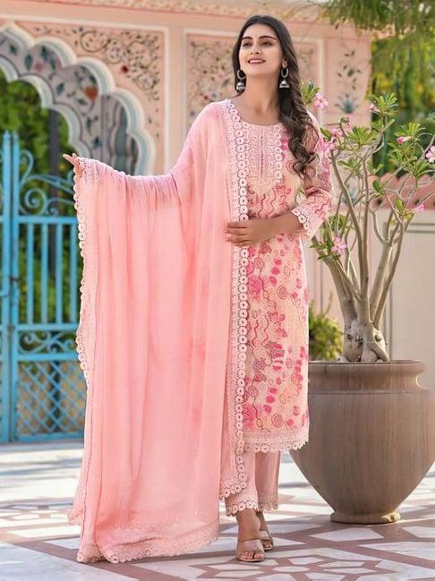 zari jaipur peach cotton embroidered a line kurta with dupatta