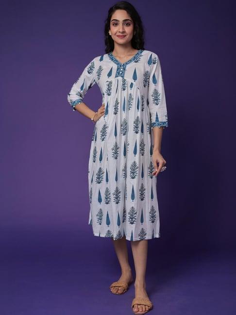 zari jaipur white & blue cotton printed a-line dress