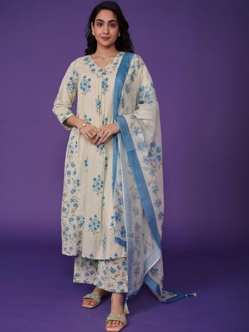 zari jaipur white & blue printed kurta palazzo set with dupatta