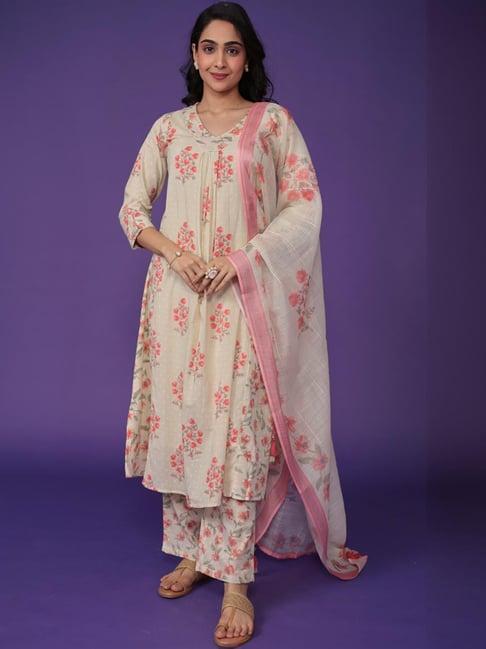 zari jaipur white & pink printed kurta palazzo set with dupatta