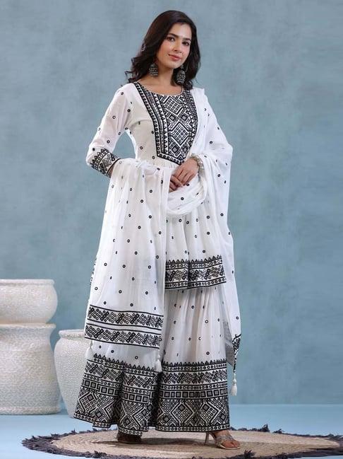 zari jaipur white cotton embroidered kurti sharara set with dupatta