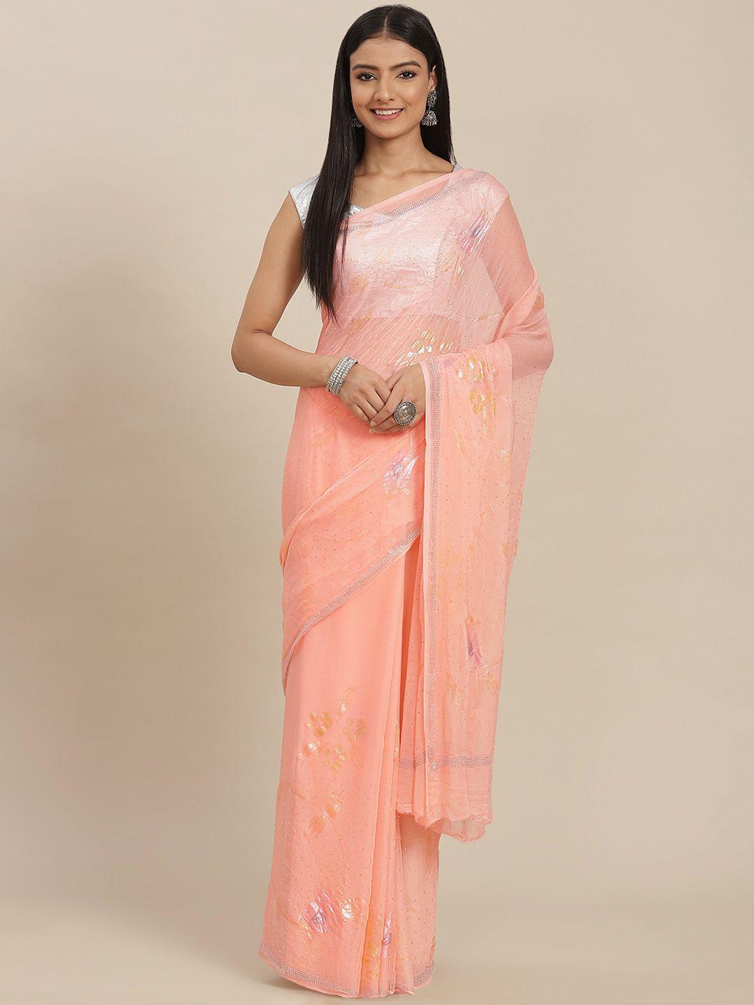 zari peach-coloured floral sequinned pure chiffon saree