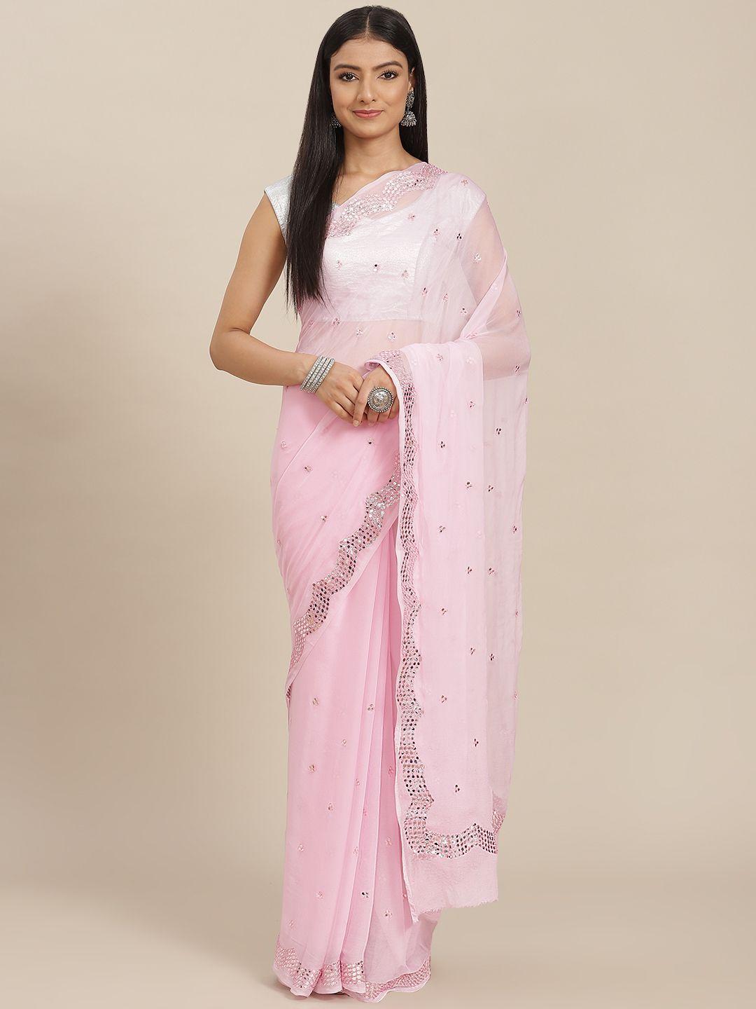 zari pink embellished sequinned pure chiffon saree