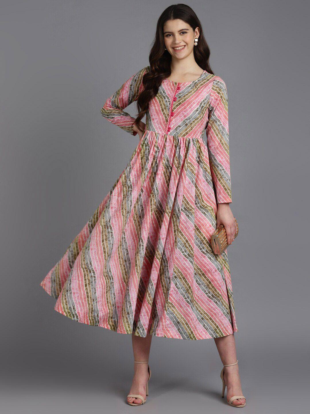zari pink striped cotton casual a-line midi dress