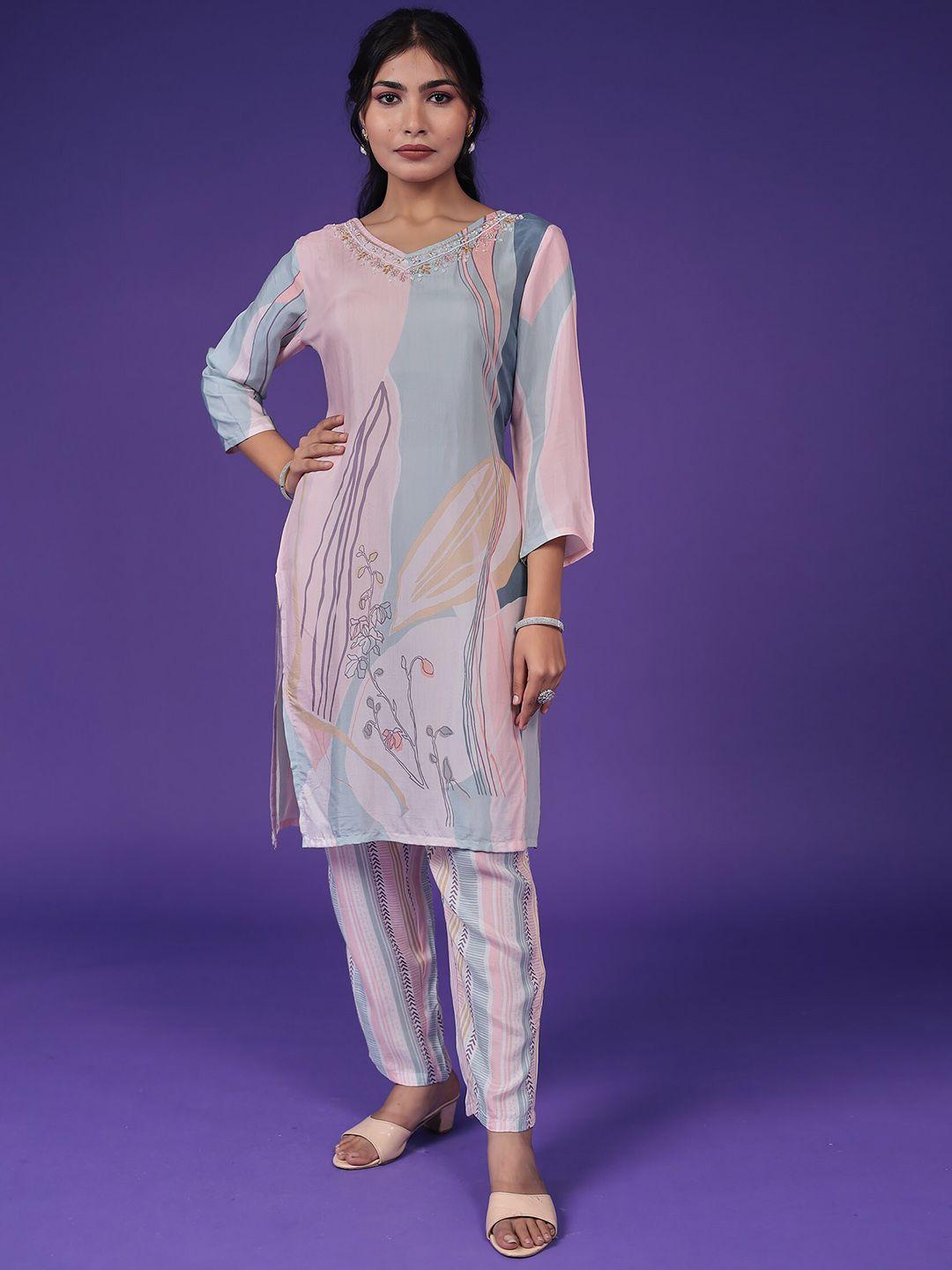 zari printed jaipur regular thread work kurta with trousers
