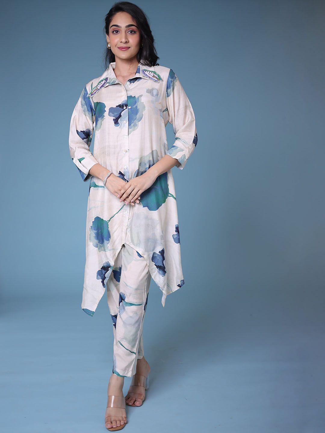 zari printed shirt style top & trousers co ords set