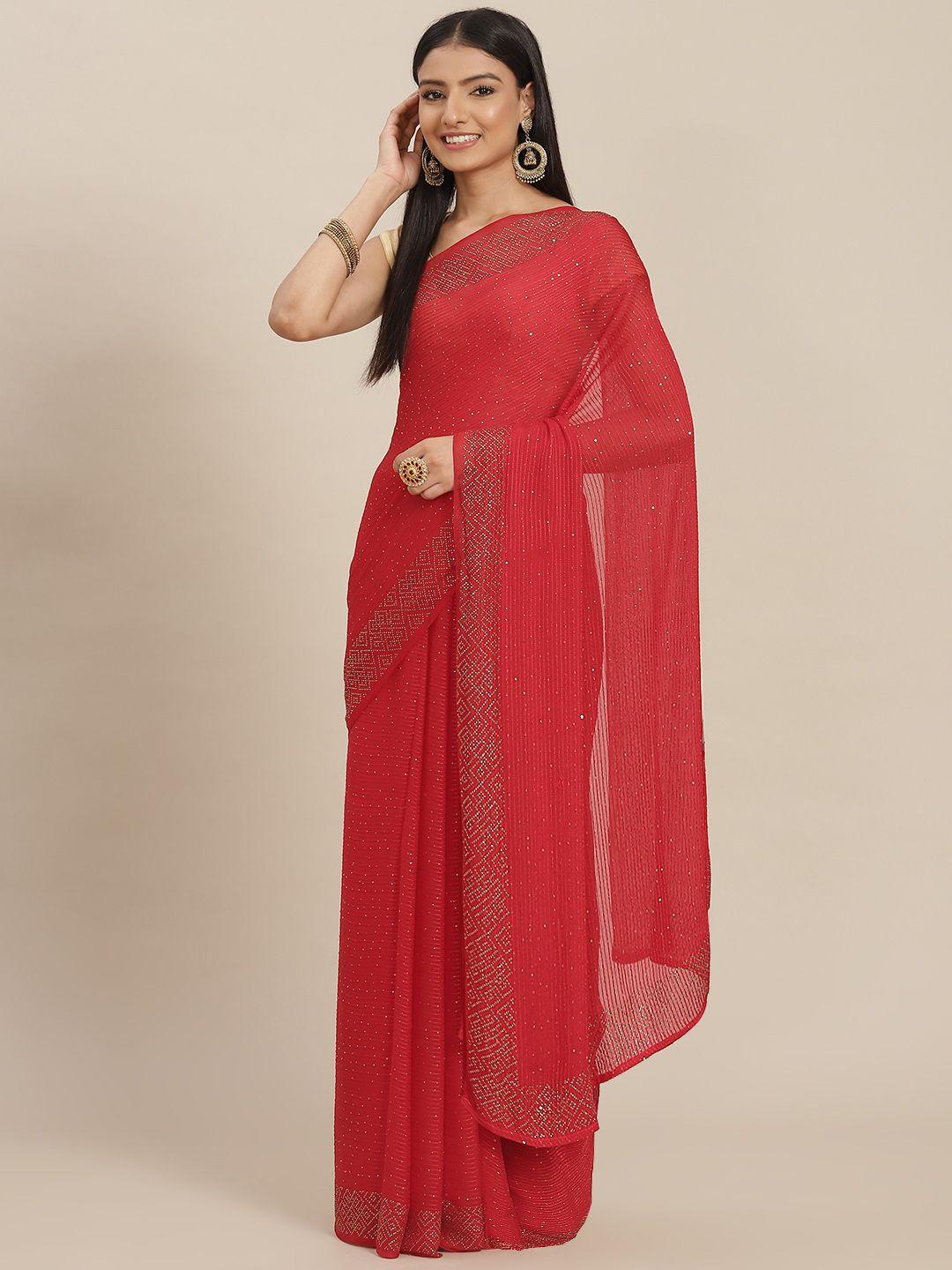 zari red embellished sequinned pure chiffon saree