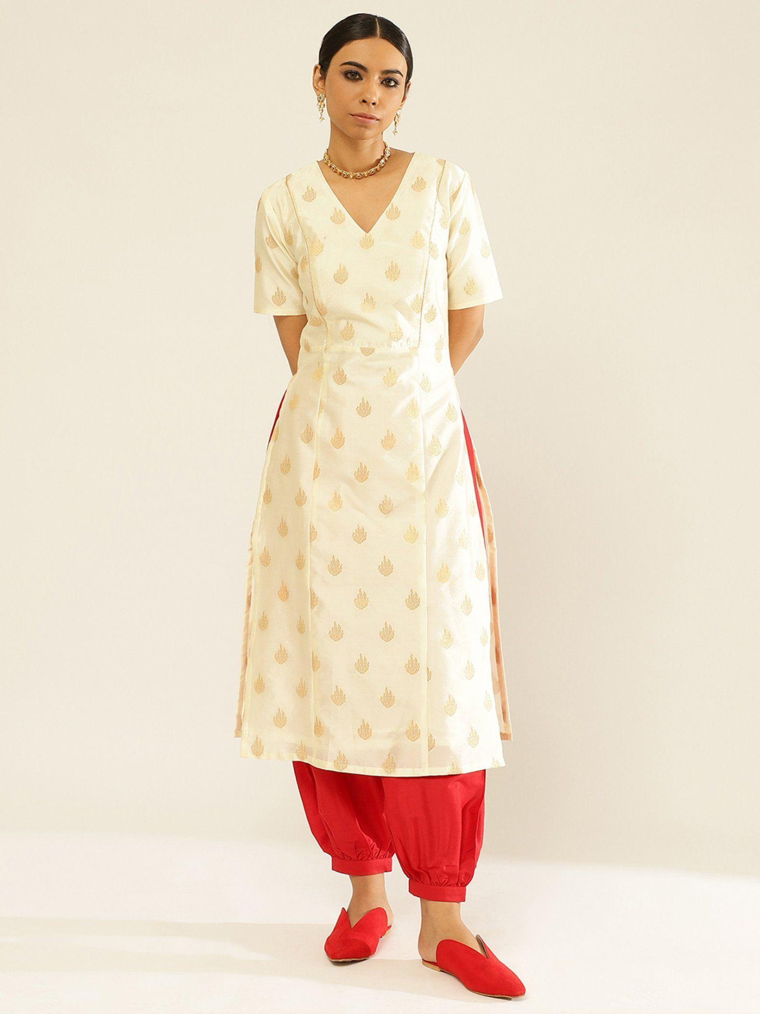 zari taffeta kurta details paired with pathani salwar white (set of 2)