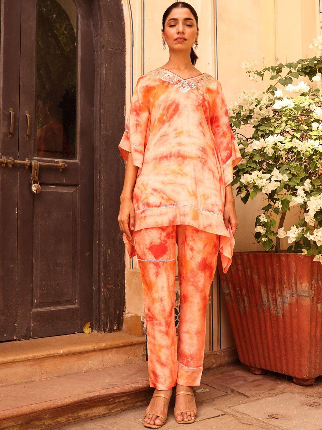 zari tie and dyed kaftan tunic with trouser