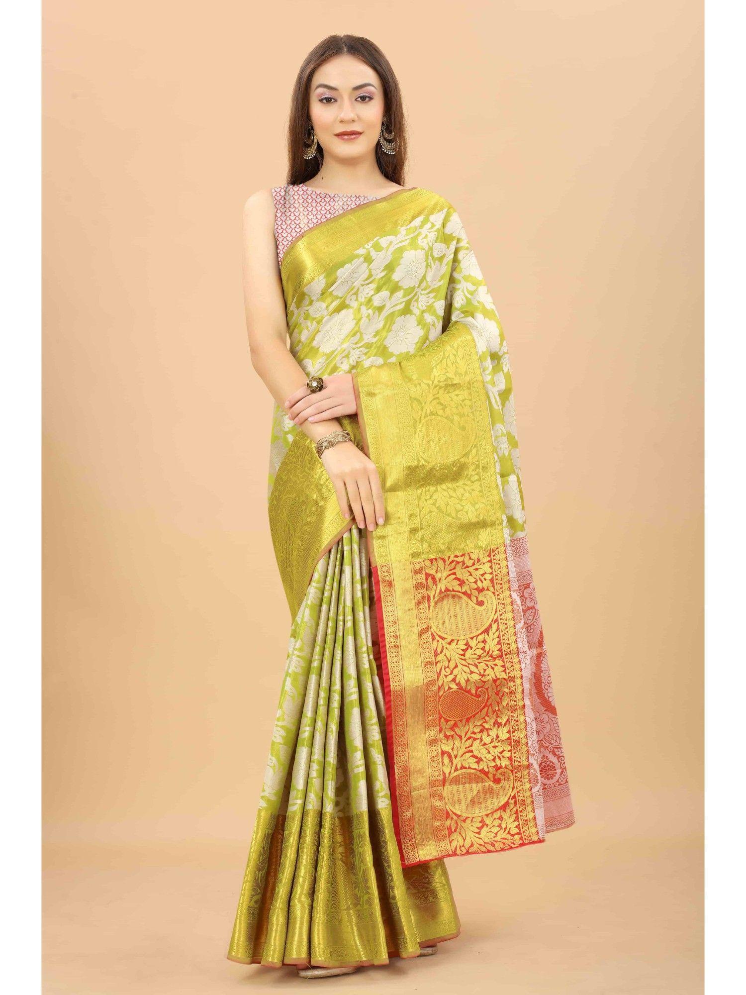 zari tissue silk saree with unstiched blouse piece green with unstitched