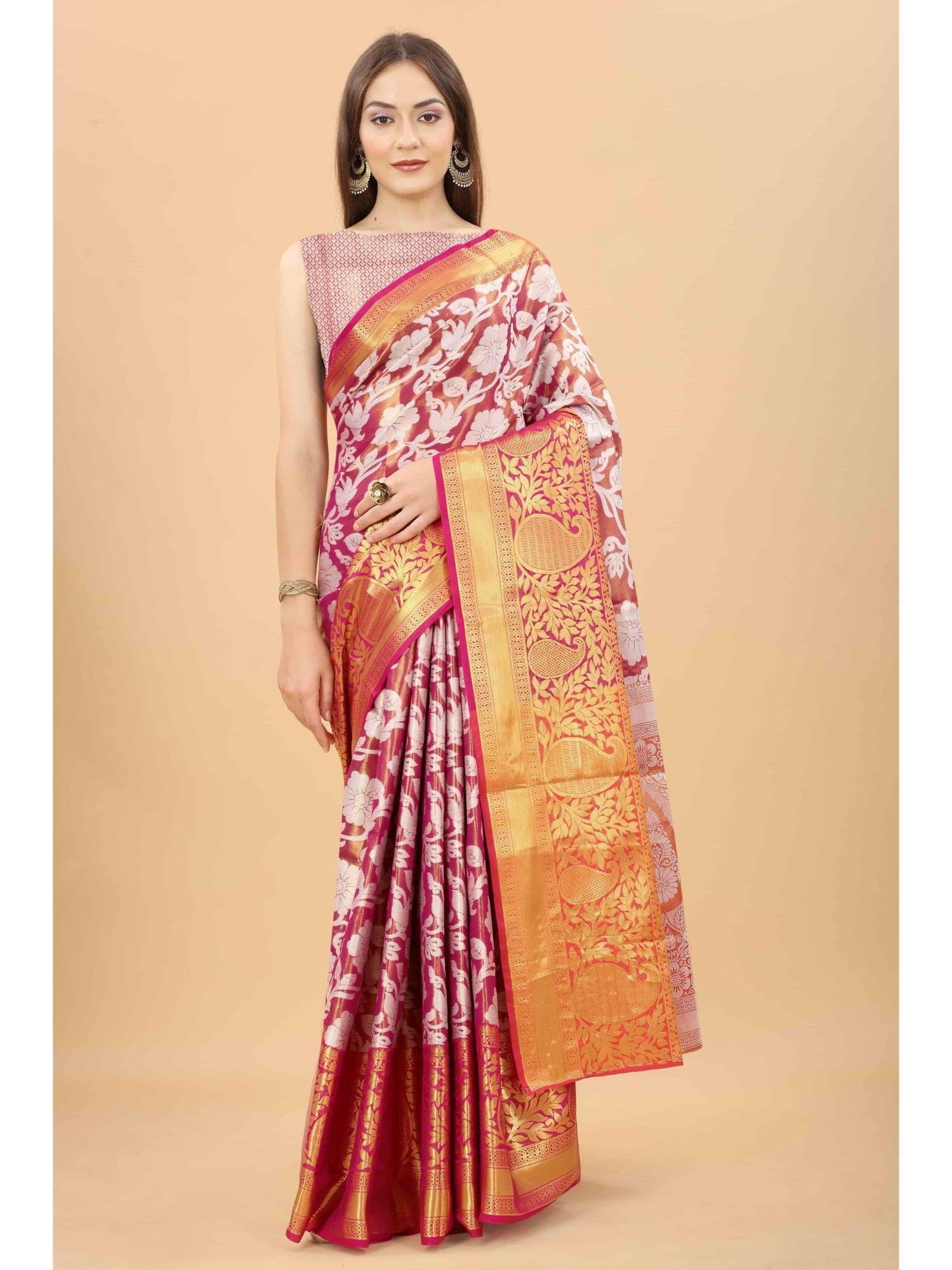 zari tissue silk saree with unstiched blouse piece pink with unstitched