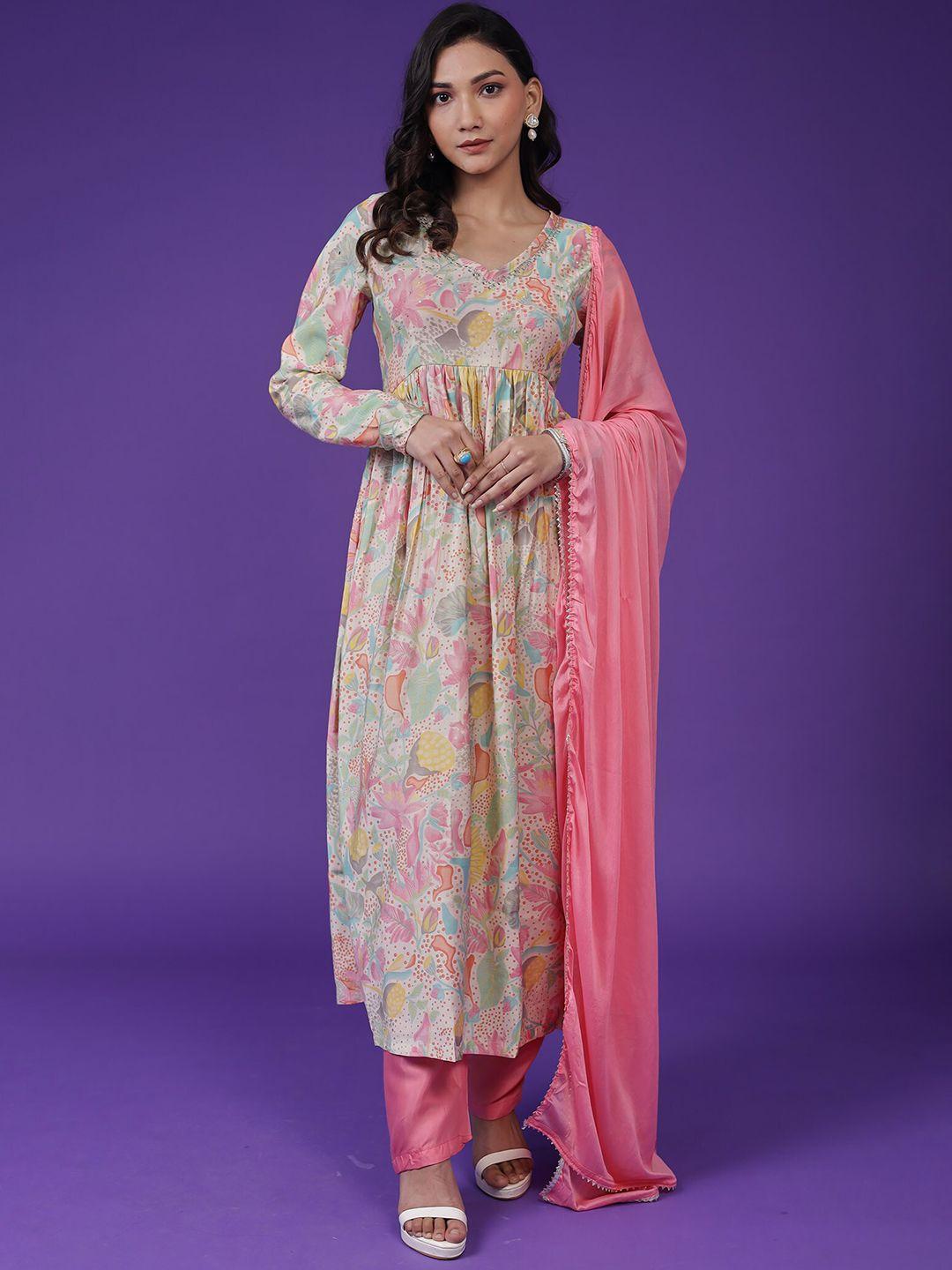 zari women floral embroidered empire mirror work kurta with trousers & with dupatta