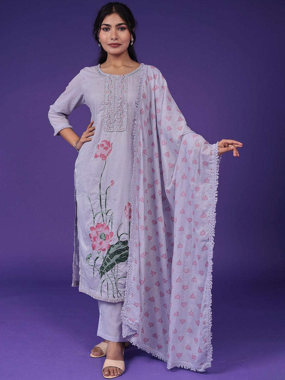 zari women floral embroidered regular thread work kurta with trousers & with dupatta