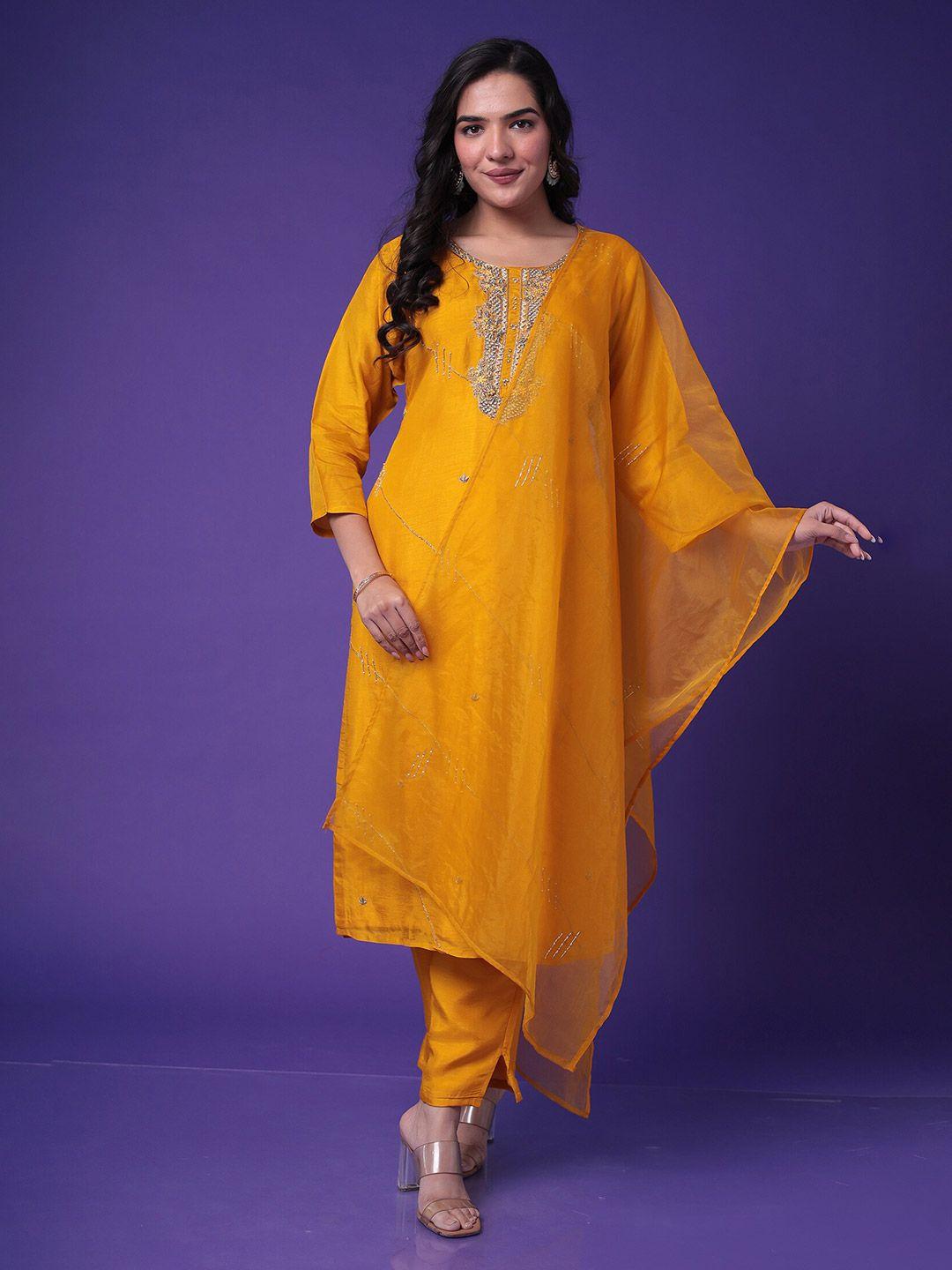 zari women gold-toned kurta with trousers & with dupatta