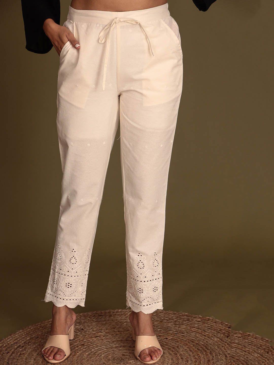 zari women mid-rise embroidered detailed cotton cigarette trousers