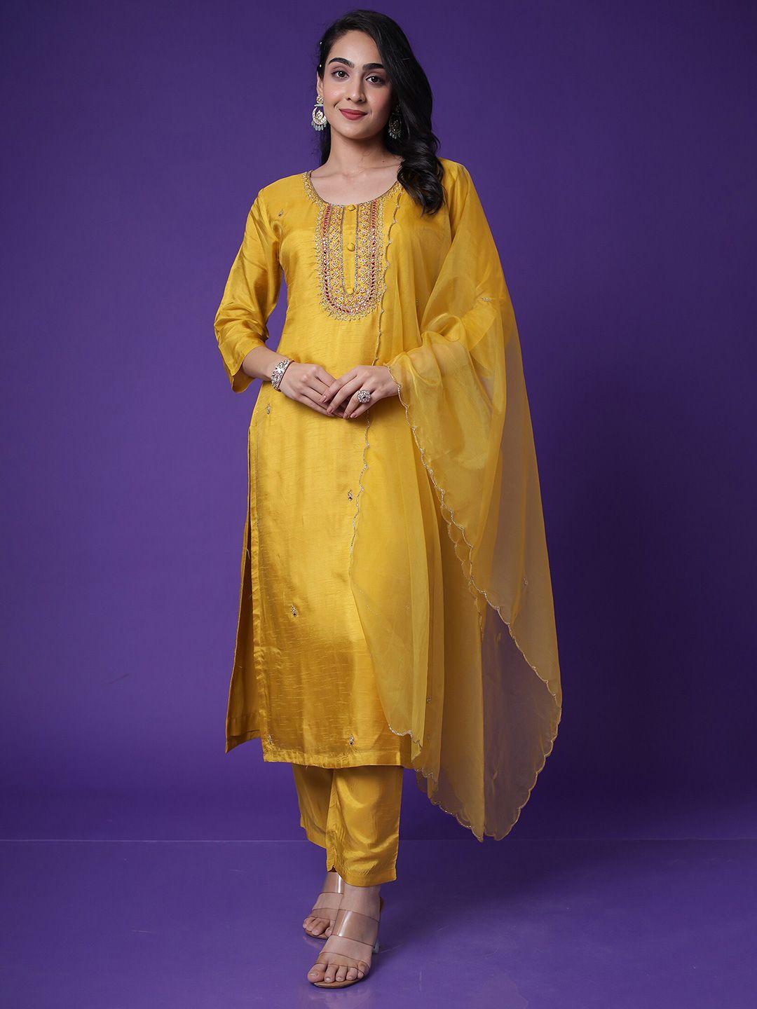 zari women yellow kurta with trousers & with dupatta