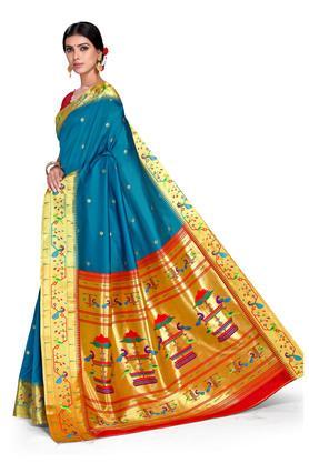 zari work jacquard art silk women's saree with unstiched blouse - aqua