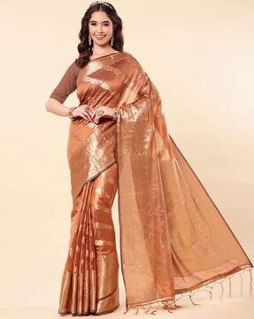 zari woven organza saree with tassels