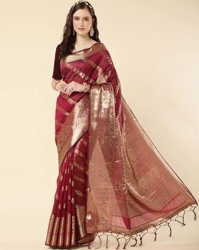 zari woven organza saree with tassels