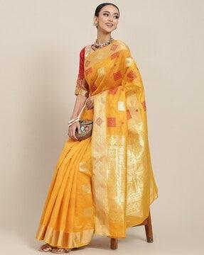 zari woven saree with geometric motif