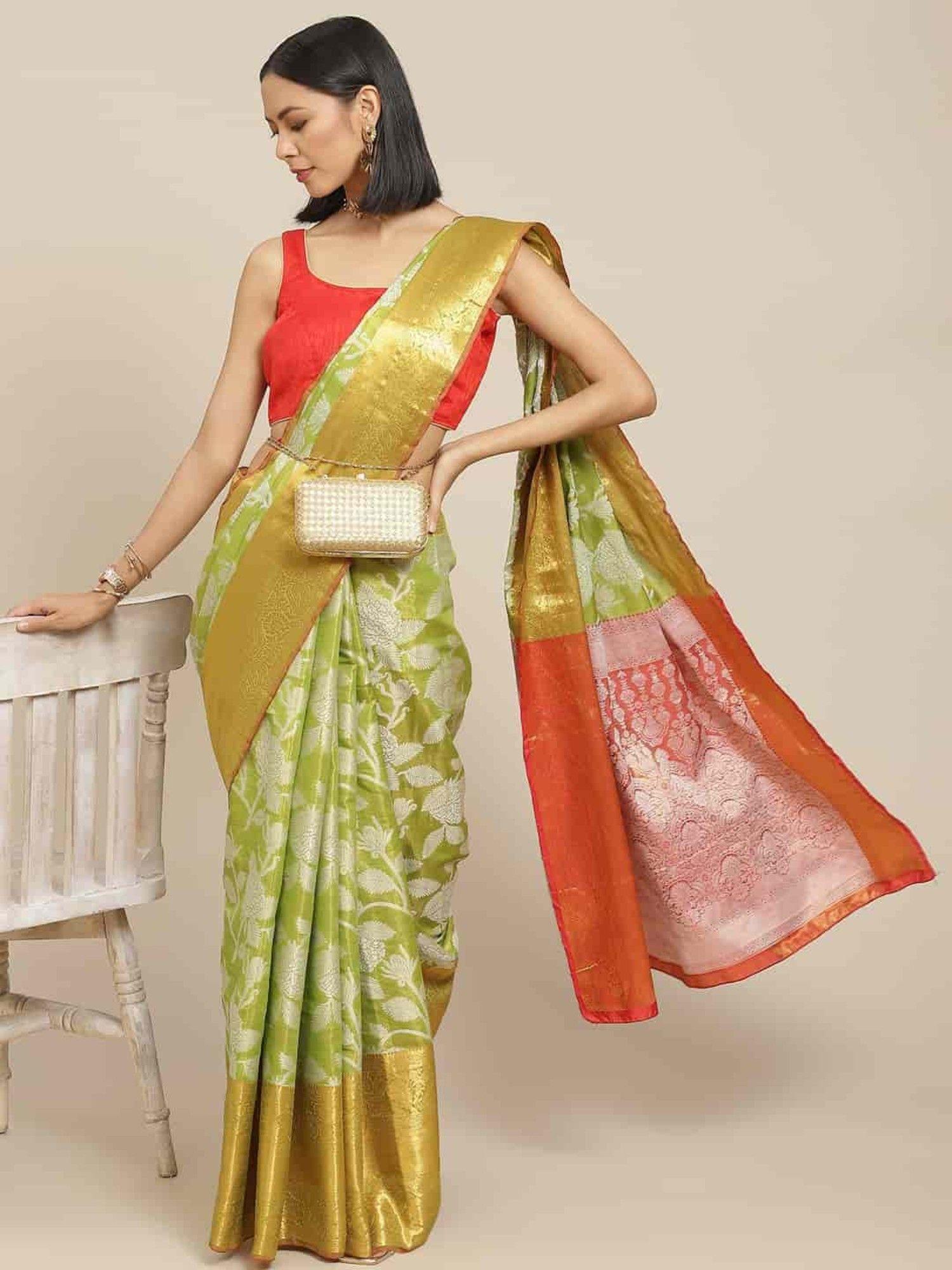 zari woven saree with unstiched blouse piece green with unstitched