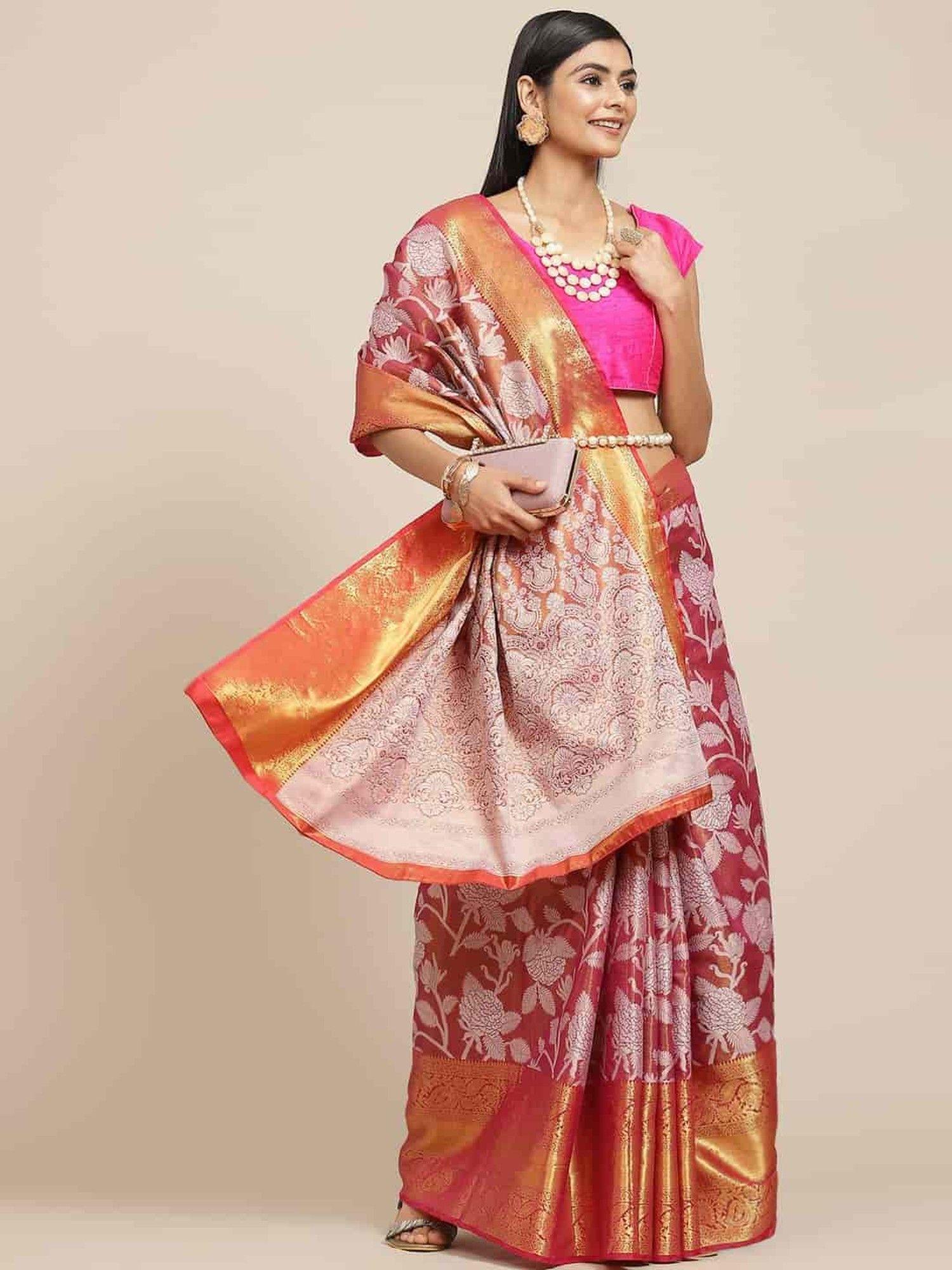 zari woven saree with unstiched blouse piece pink with unstitched