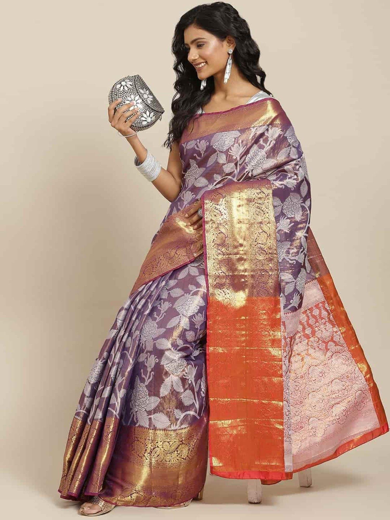 zari woven saree with unstiched blouse piece purple with unstitched