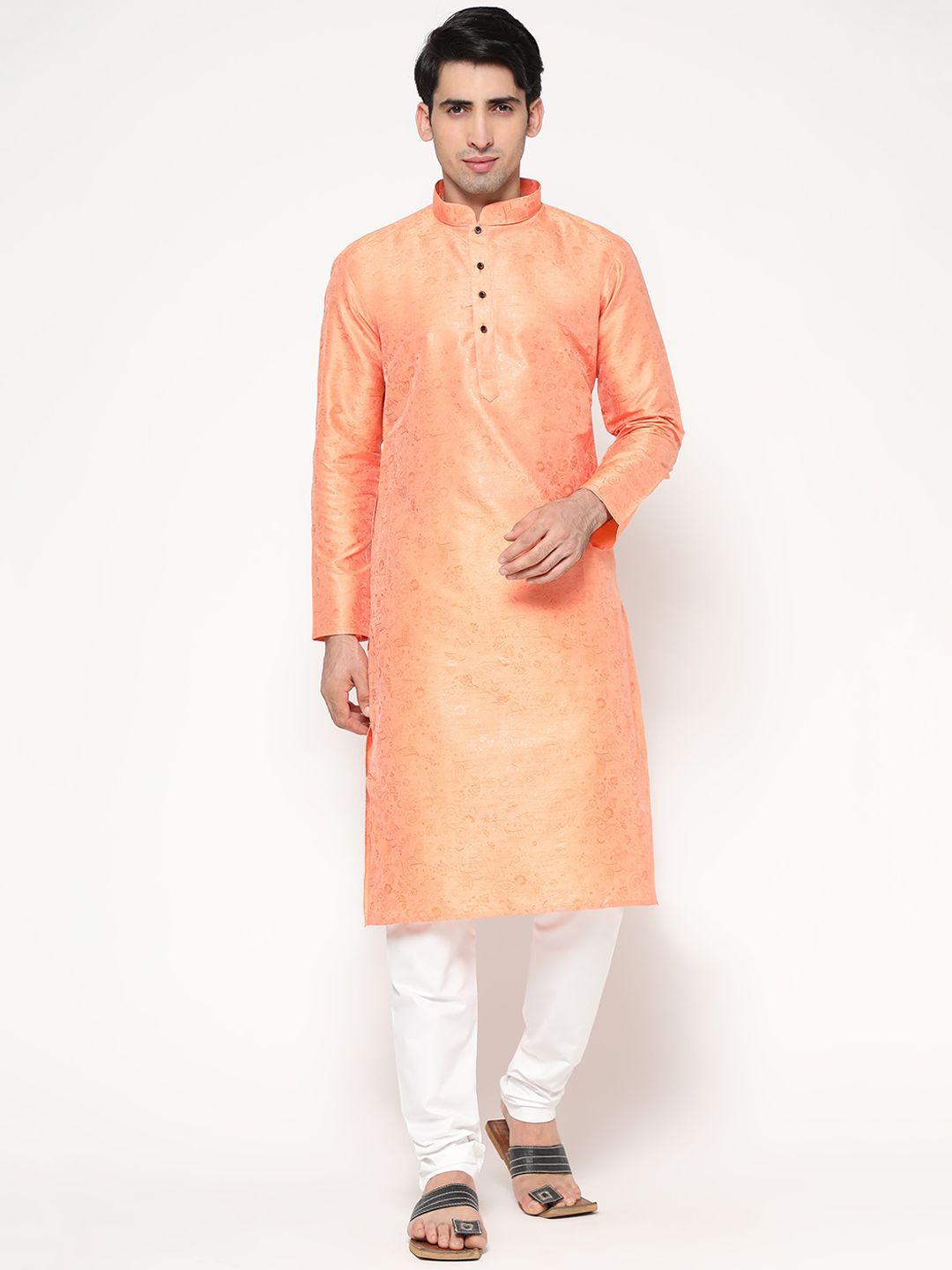 zarimo floral woven design mandarin collar jacquard cotton silk kurta