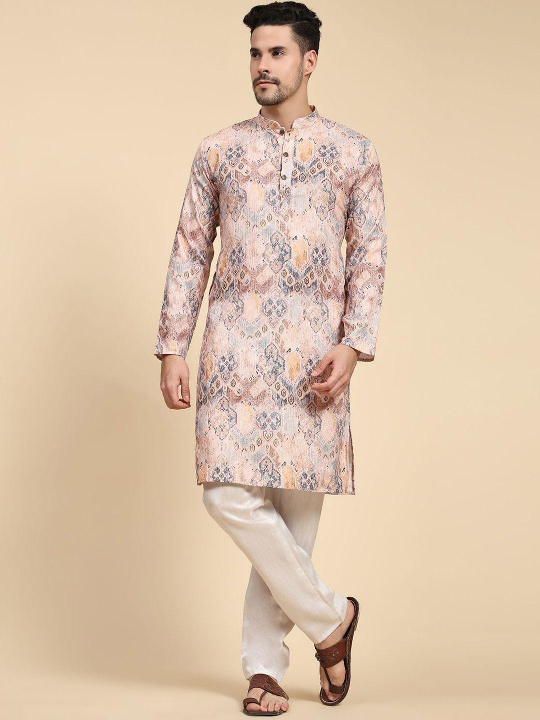 zarimo men peach-coloured printed flared sleeves kurta