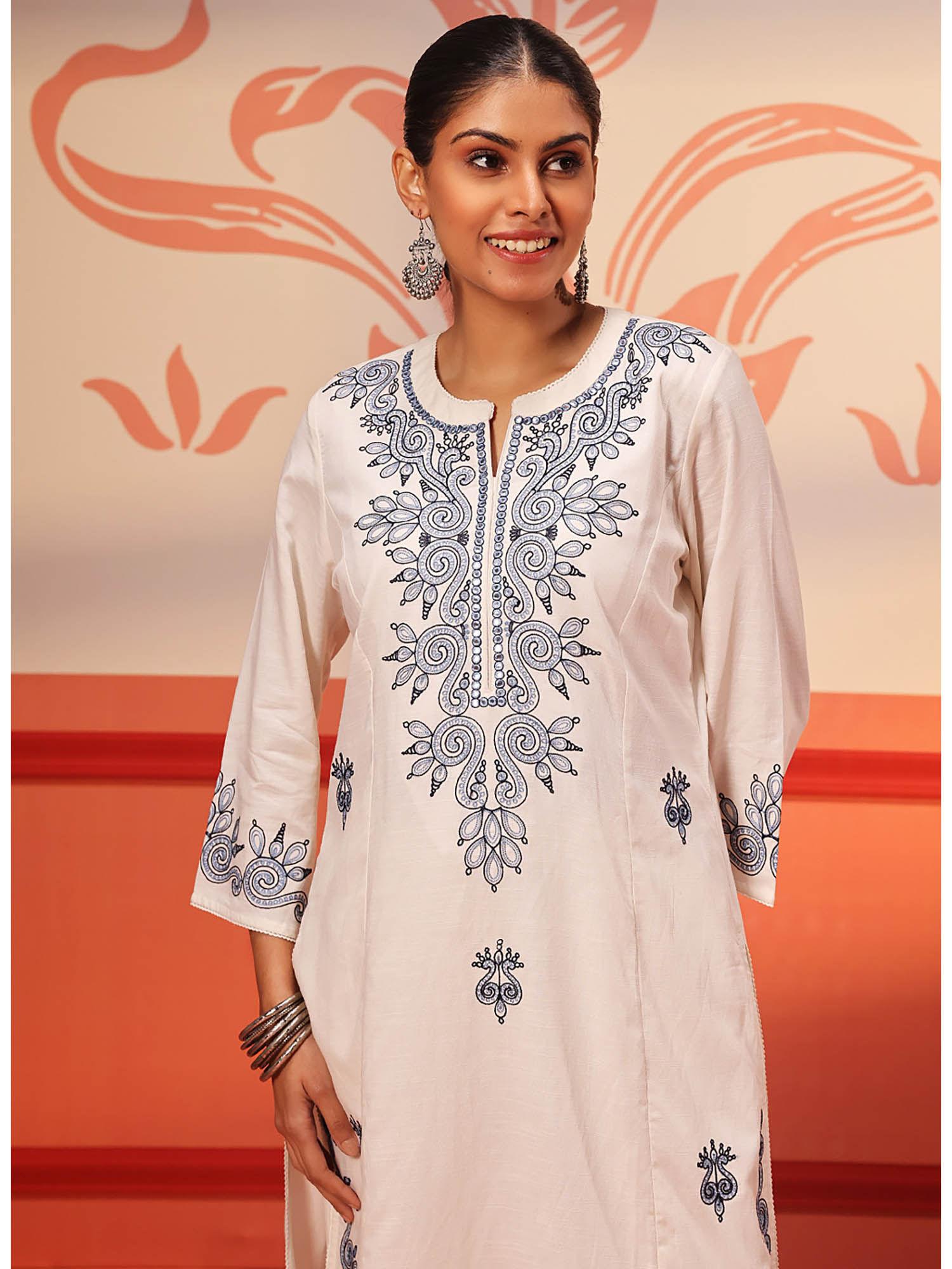 zariya off white embroidered cotton linen designer kurta for women