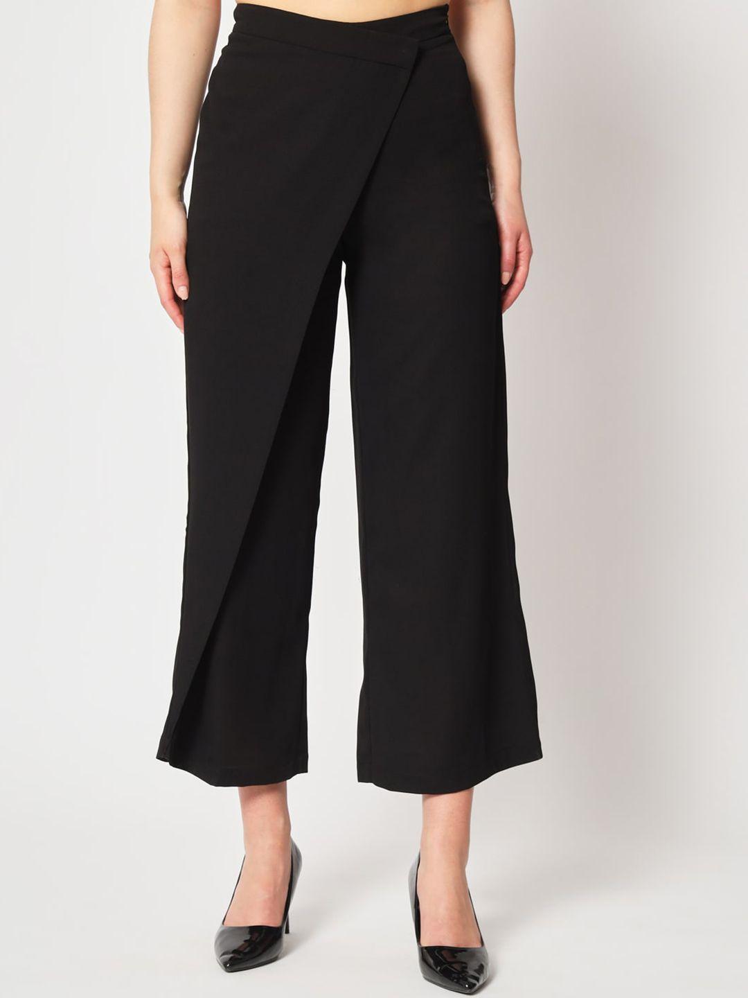 zastraa women black relaxed straight leg flared high-rise parallel trousers