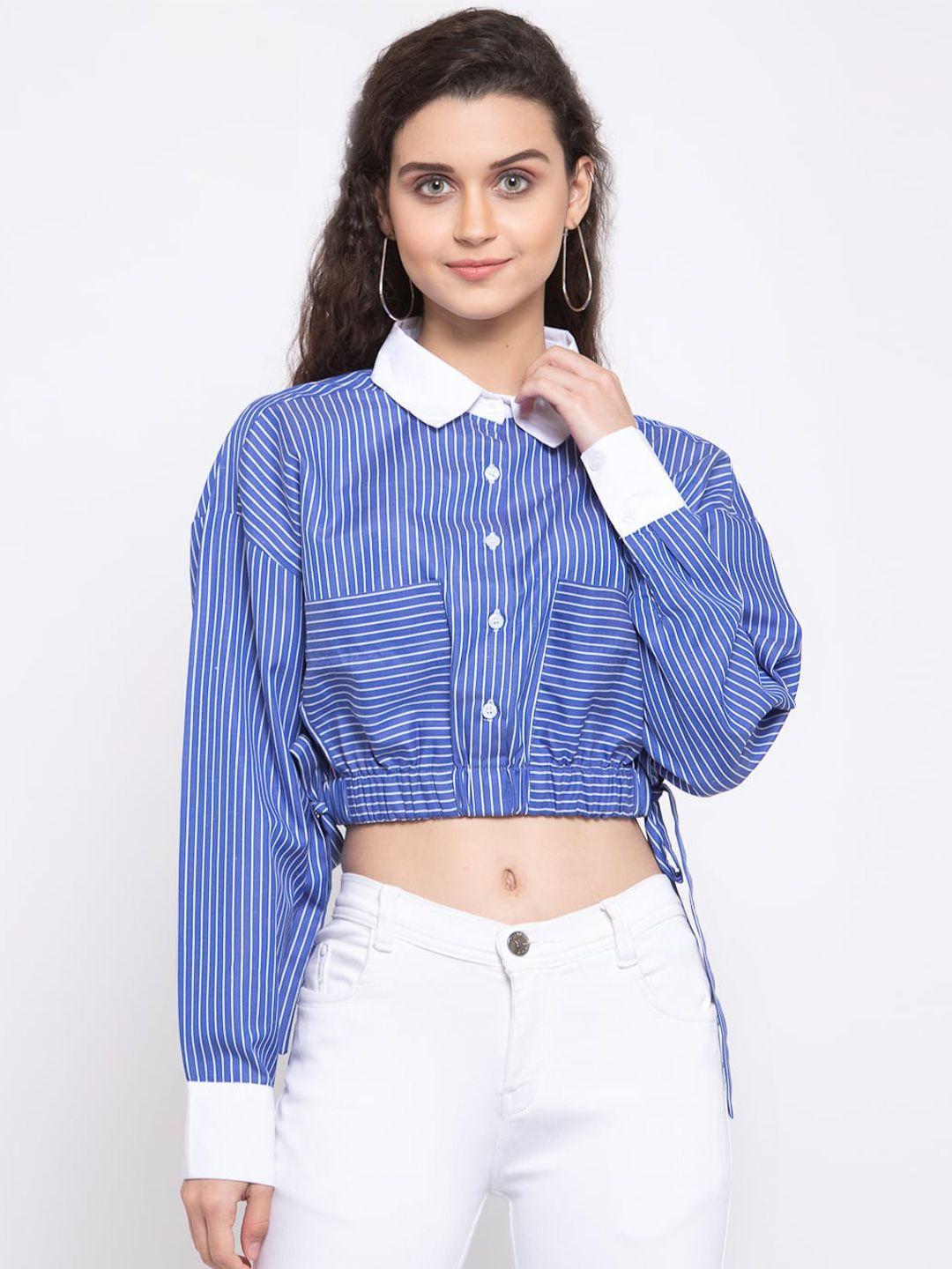 zastraa women blue & white slim fit striped cropped casual shirt