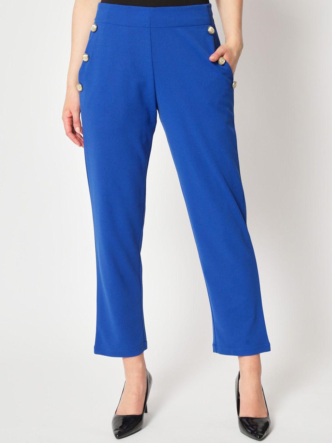 zastraa women blue relaxed straight leg fit high-rise trousers