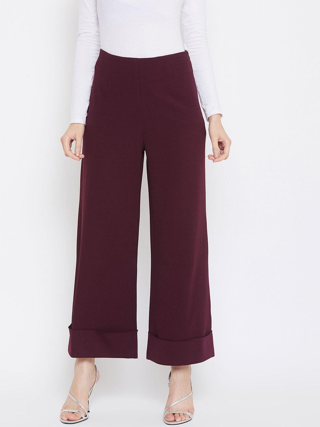 zastraa women burgundy flared fit high-rise solid parallel trousers