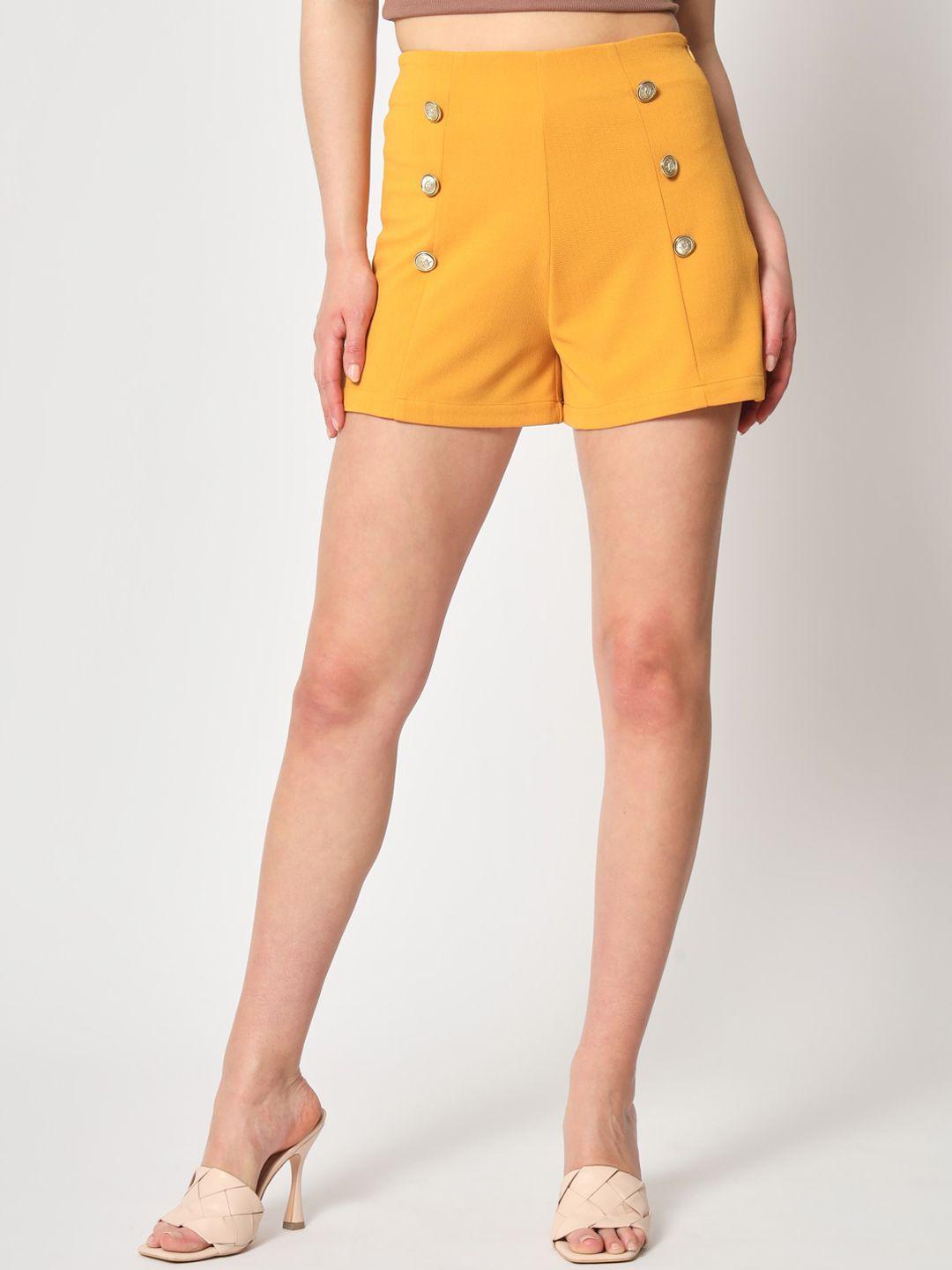 zastraa women mustard yellow slim fit high-rise shorts