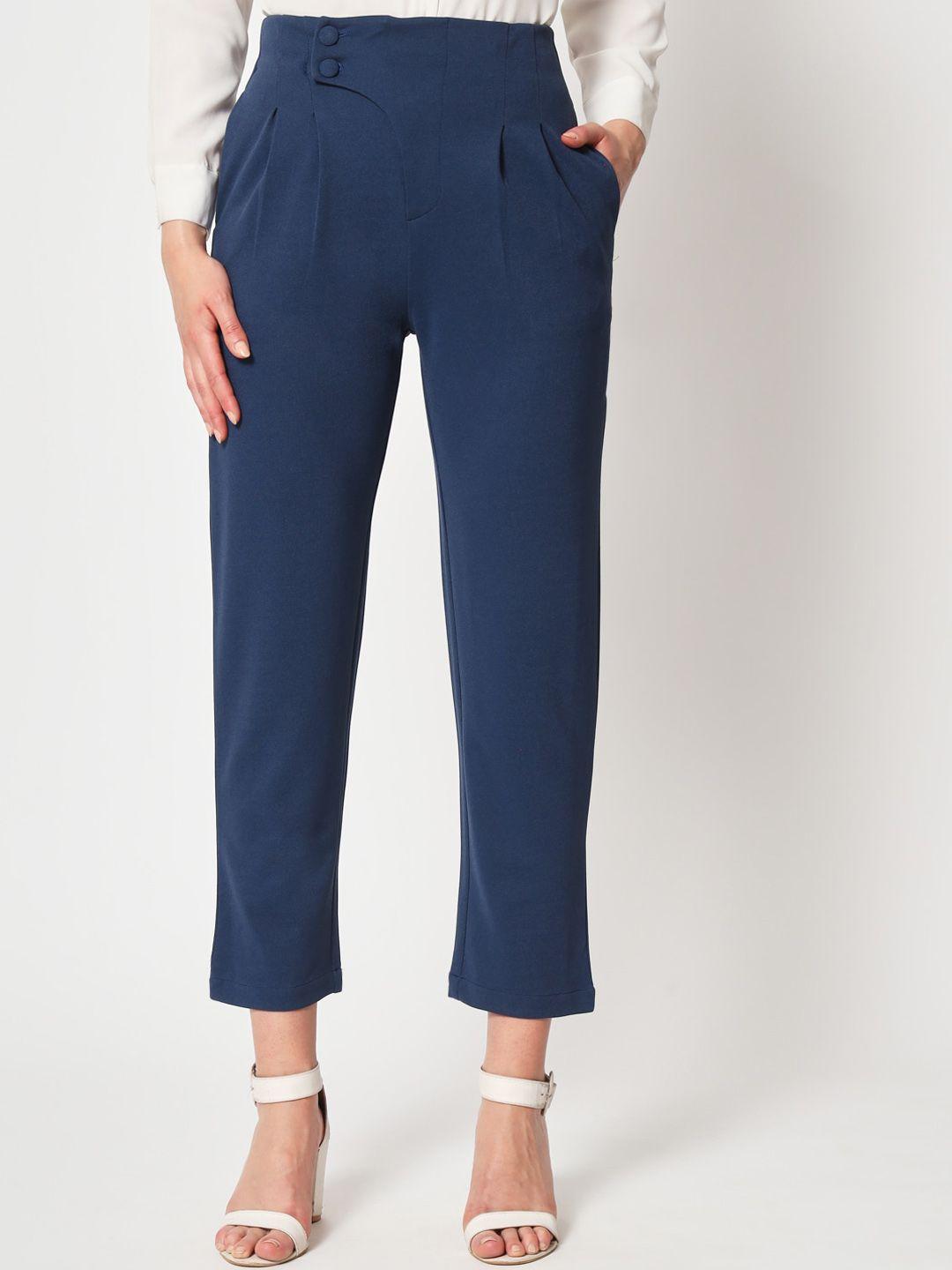 zastraa women navy blue peg leg slim fit high-rise pleated trousers