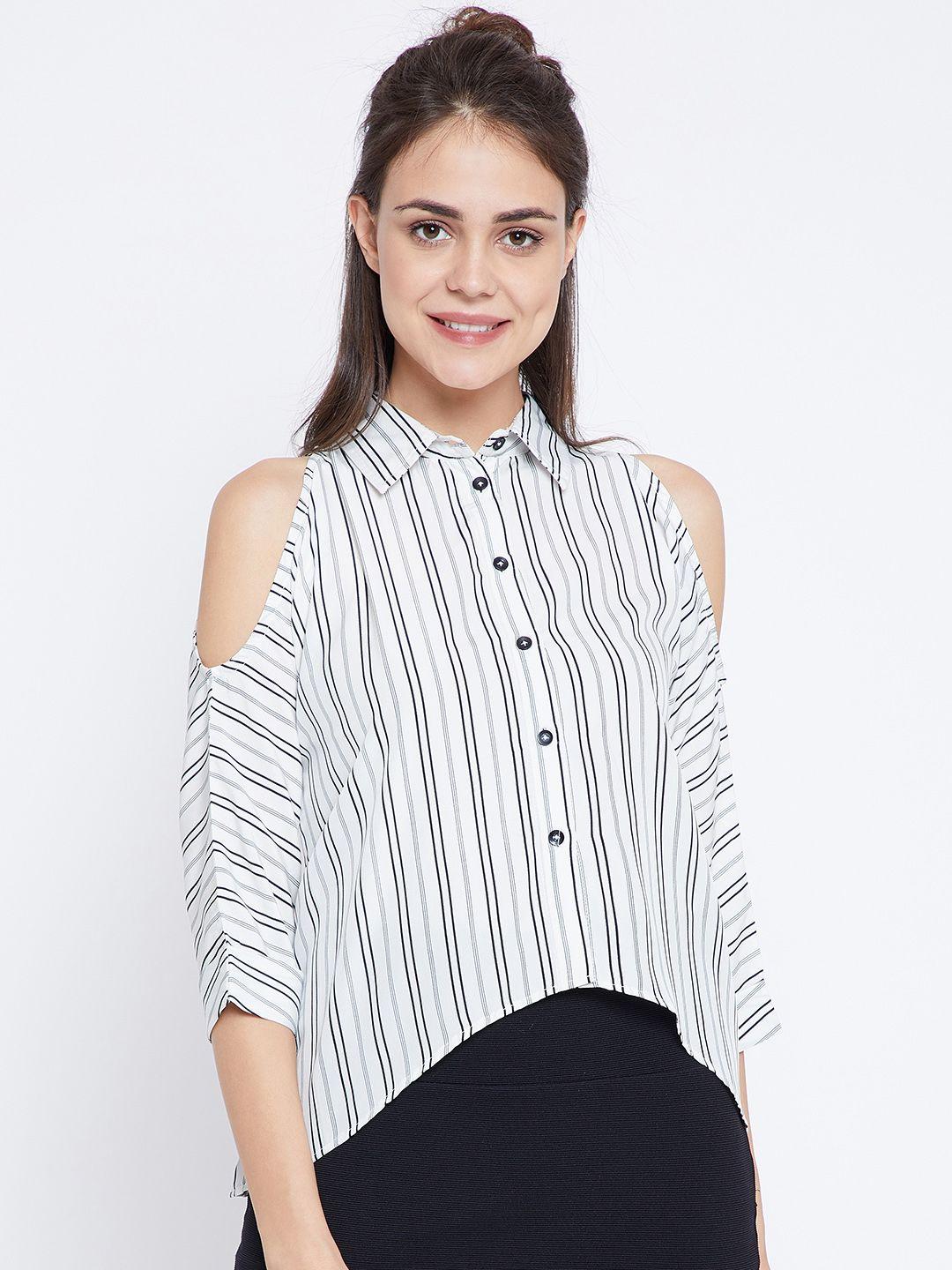 zastraa women off-white & black regular fit striped casual shirt